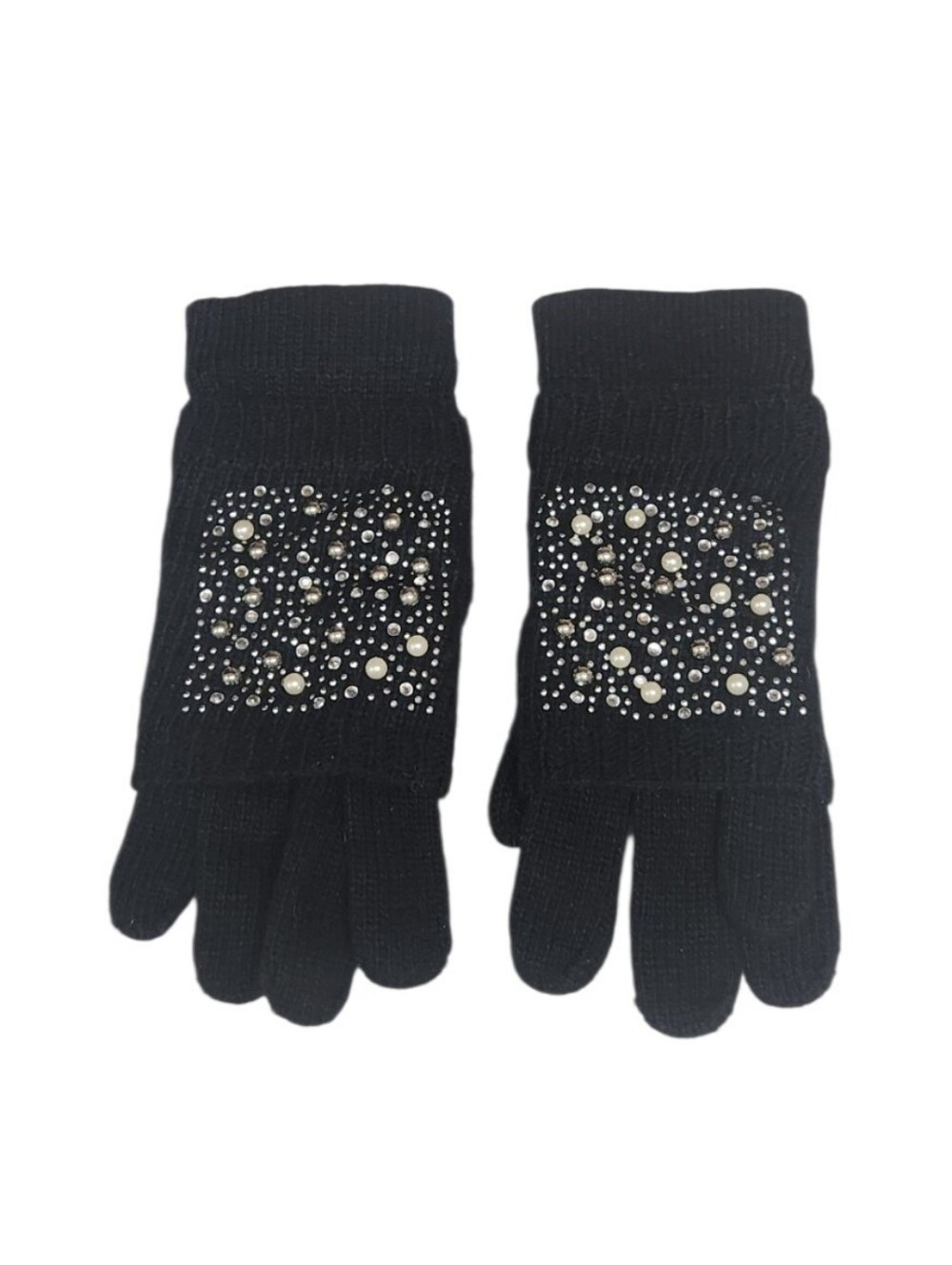 Black Gloves Embellished With Pearls , Rhinestones & Studs .